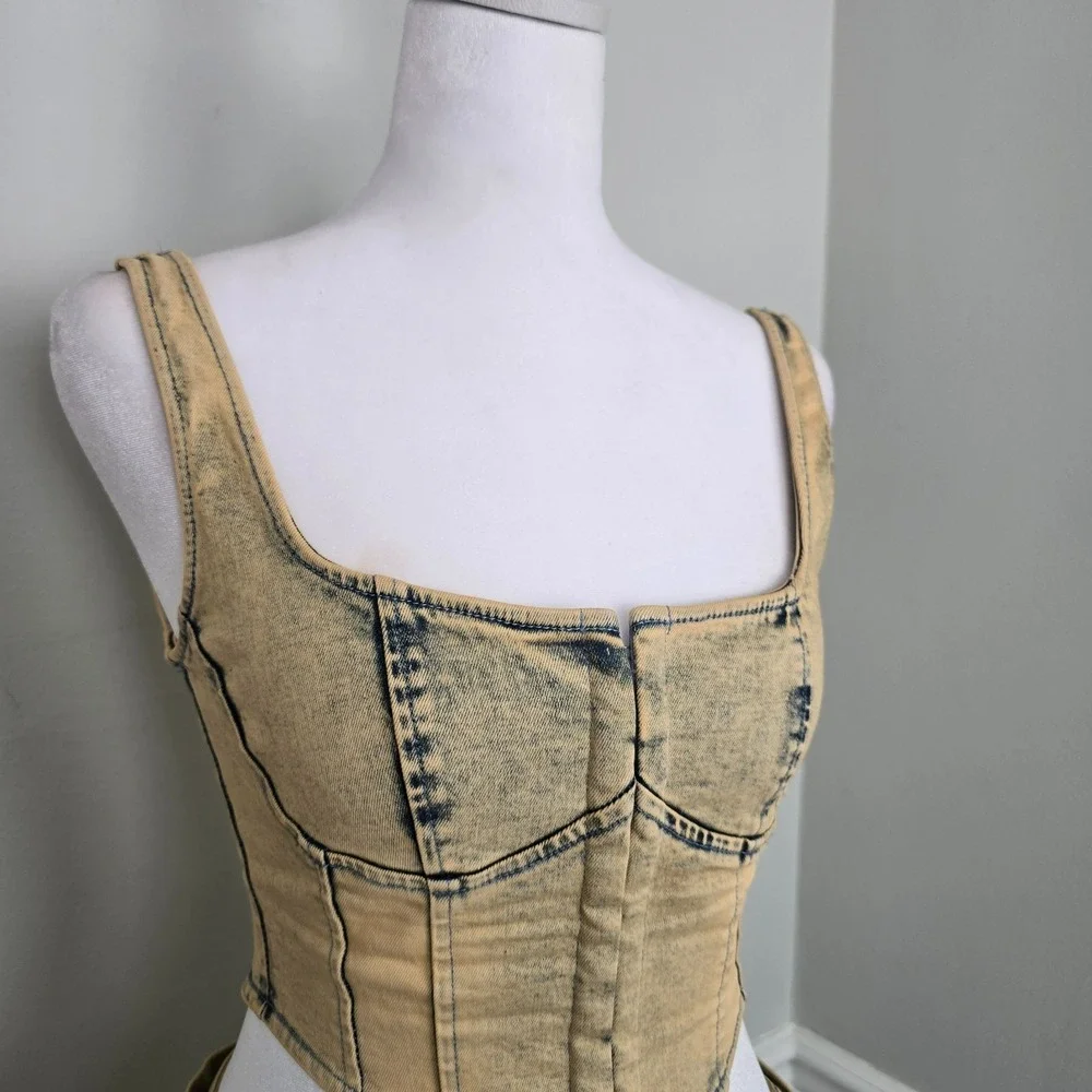 Cherie Los Angeles Womens Denim Crop Corset Skirt Set Small Y2K Chic Streetwear - Picture 7 of 10